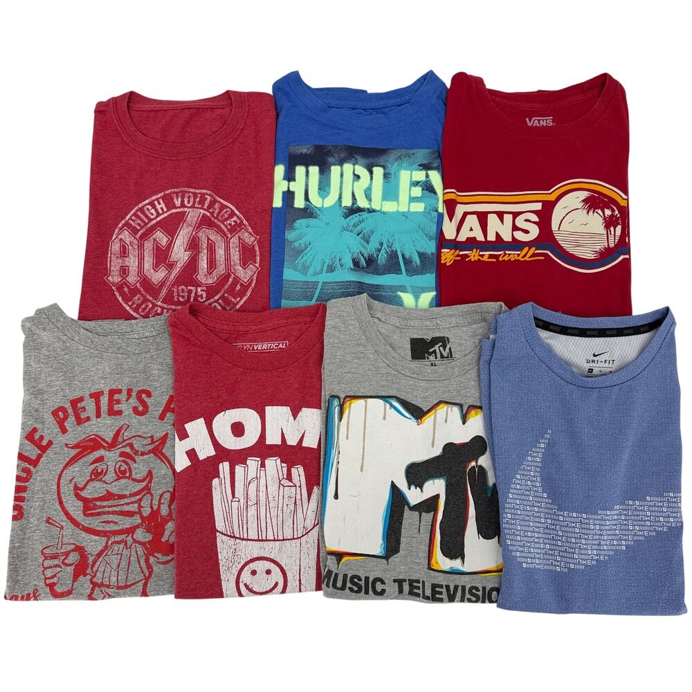 Lot of 7 Boys Size XL T Shirts AC/DC Hurley Vans Fortnite Home Fry MTV Nike